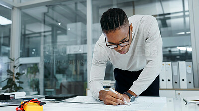 Buy stock photo Architecture, paperwork and man in office for blueprint, planning and sketch for property layout. Documents, drawing and African person with floor plan for renovation, remodeling and building design