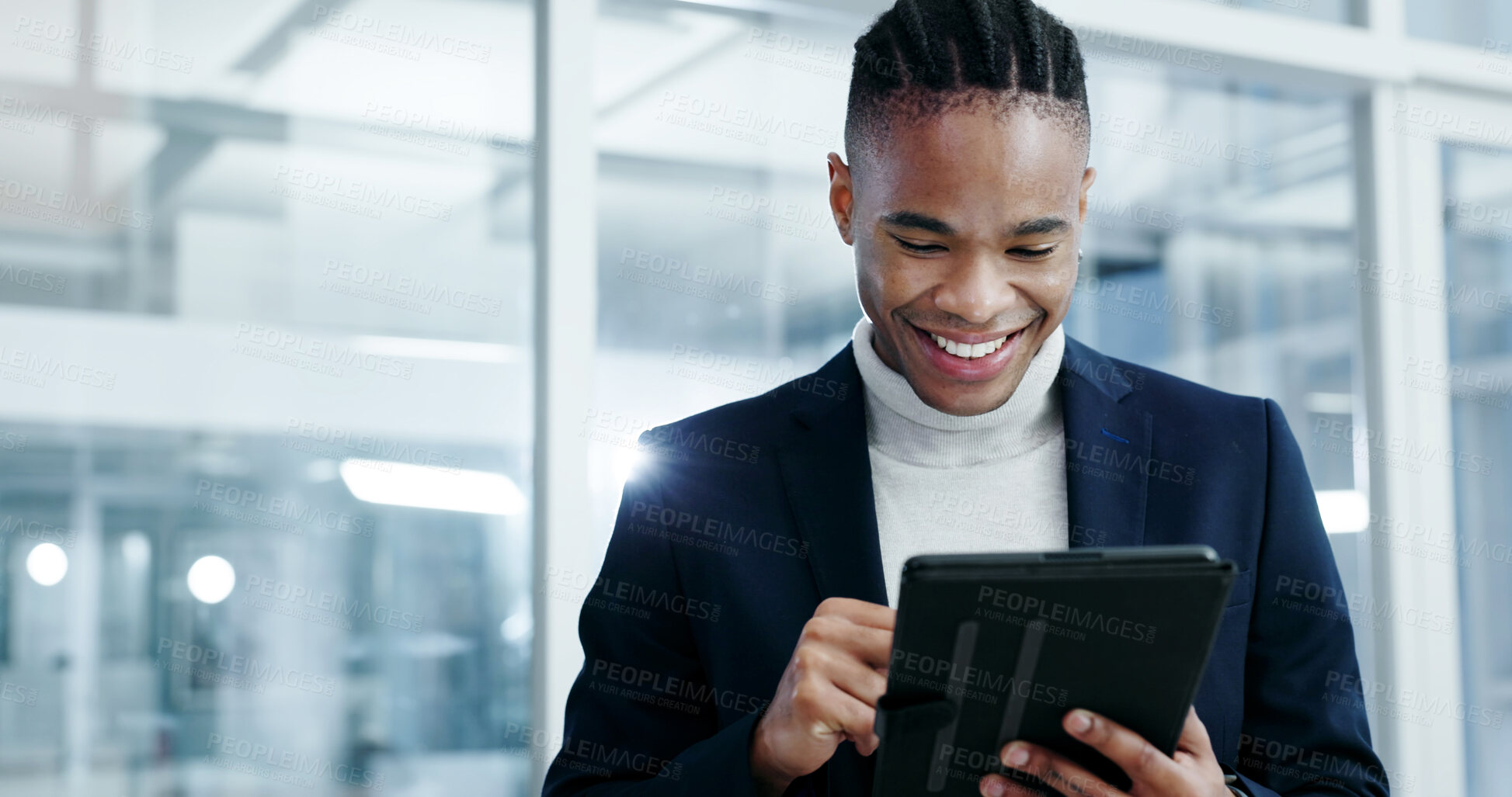 Buy stock photo Happy, businessman or reading tablet in office for trade execution, check account or profit alert. Black person, trader or smile with tech for investment return, positive market news and notification