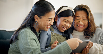 Buy stock photo Mom, child and grandma with laugh for tablet, comedy movie and bonding together on weekend. Asian family, generations and happy kid with tech for funny film, comic online show and connection in home