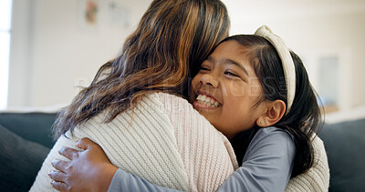 Buy stock photo Child, mother and hug in home with love, care and happiness for connection together with daughter. Girl, mom and embrace at living room with smile for trust, support or parent security with family