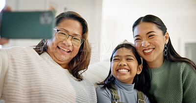 Buy stock photo Family, selfie and child with grandma in lounge, connection and laughing with senior mother in home. Mom, generations and Asian people with girl, happy and profile picture with grandparent in house