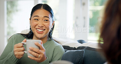 Buy stock photo Sofa, coffee and happy woman relaxing with home visit for conversation, friendly chat or discussion. Female person, communication or smile with drink or mug for bonding, rumor or gossip in house