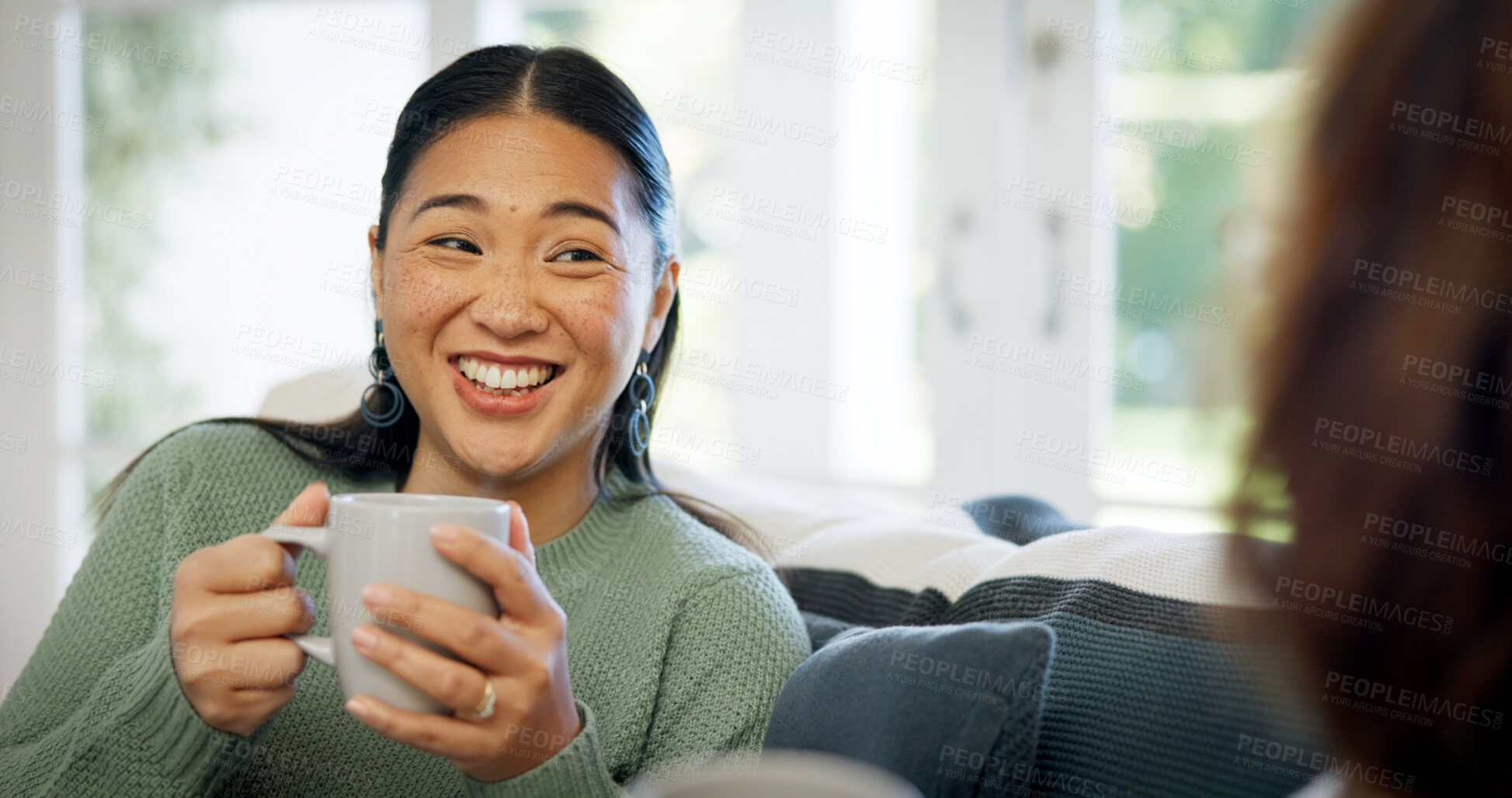 Buy stock photo Sofa, coffee and happy woman relaxing with home visit for conversation, friendly chat or discussion. Female person, communication or smile with drink or mug for bonding, rumor or gossip in house