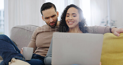 Buy stock photo Laptop, sofa and happy couple relaxing in home for online connection, network or weekend together. Man, woman and chilling with computer or coffee on couch for holiday, subscription or streaming app