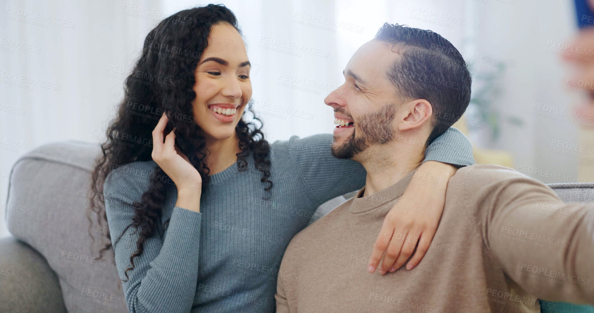 Buy stock photo Happy, couple and hug with selfie in home for photography, bonding memory or weekend together. Man, woman and laughing with smile, humor or capture moment for picture, holiday or funny joke in house