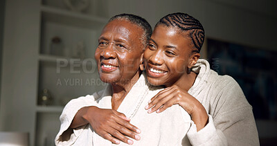 Buy stock photo Hug, skincare and woman with senior mom for beauty, wellness and bonding for spa treatment. Happy, family and African mother and daughter with embrace, affection and love for pamper and self care