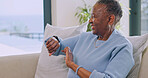 Senior, woman and happy in home with smart watch, monitor health vitals or medication reminder. Pensioner, black person and smile with wristwatch, heart rate and daily wellness summary in retirement