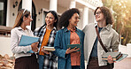 Outdoor, friends and students with books, education and group with scholarship on university campus. College, funny conversation and people with tablet, learning and happy for academic development