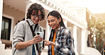 People, students and smile at campus with phone, test results and acceptance email of new semester. Friends, reading and mobile at university for enrollment, scholarship approval and exchange program