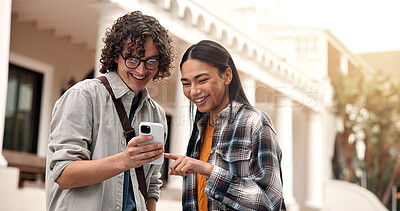 Buy stock photo People, students and smile at campus with phone, test results and acceptance email of new semester. Friends, reading and mobile at university for enrollment, scholarship approval and exchange program