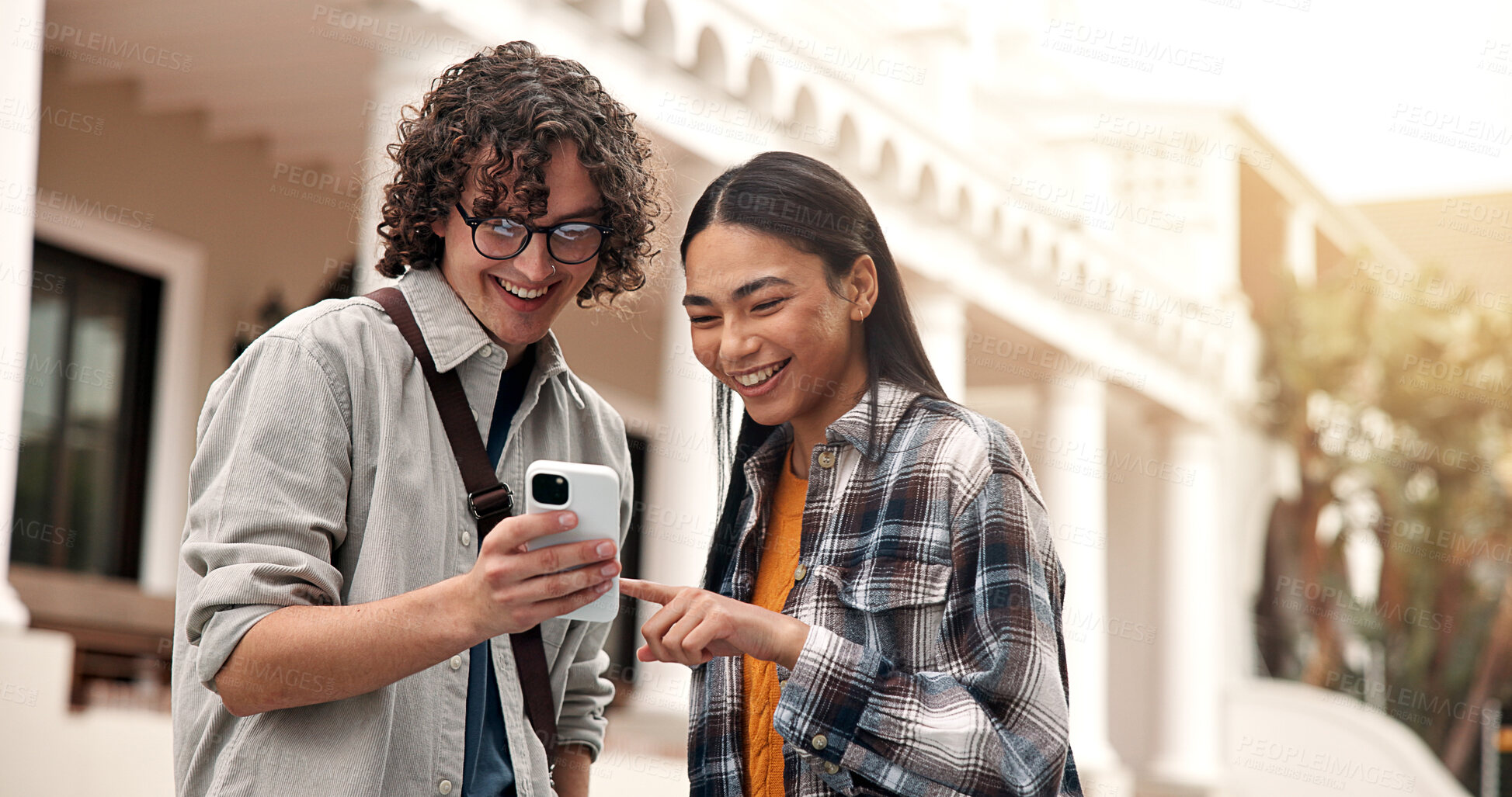 Buy stock photo People, students and smile at campus with phone, test results and acceptance email of new semester. Friends, reading and mobile at university for enrollment, scholarship approval and exchange program