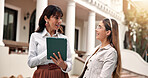 Education, student and professor with tablet, outdoor and explaining project with smile at college. Happy women, talking and university lecturer with tech, online and advice for assignment on campus