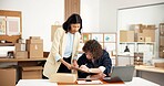 People, logistics or writing with boxes in office for small business distribution or stock checklist. Businessman, woman or colleagues with clipboard for inventory, storage or schedule delivery