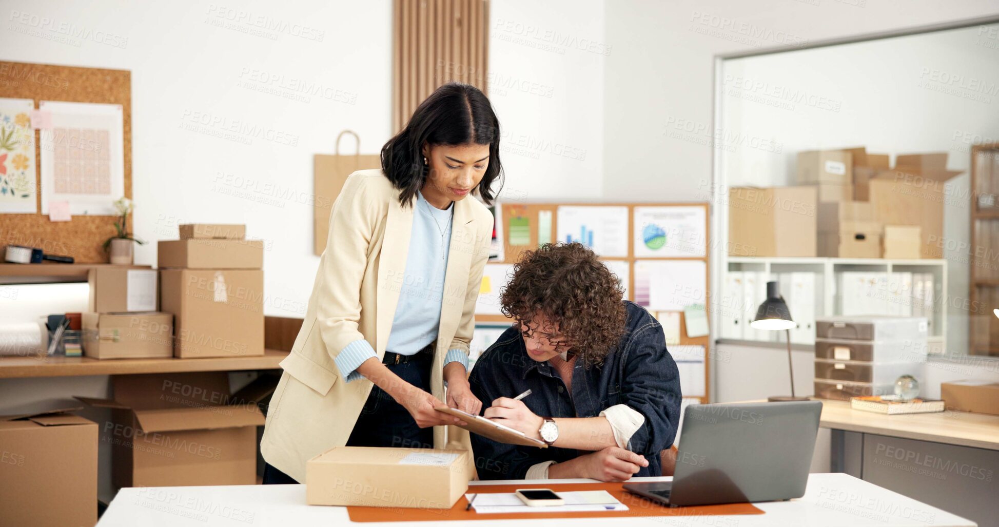 Buy stock photo People, logistics or writing with boxes in office for small business distribution or stock checklist. Businessman, woman or colleagues with clipboard for inventory, storage or schedule delivery