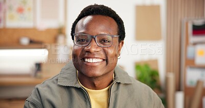 Buy stock photo Office, distribution and man with smile for supply chain, retail supplier and logistics business. Portrait, happy and African person with pride for shipping, delivery and workshop for dropshipping