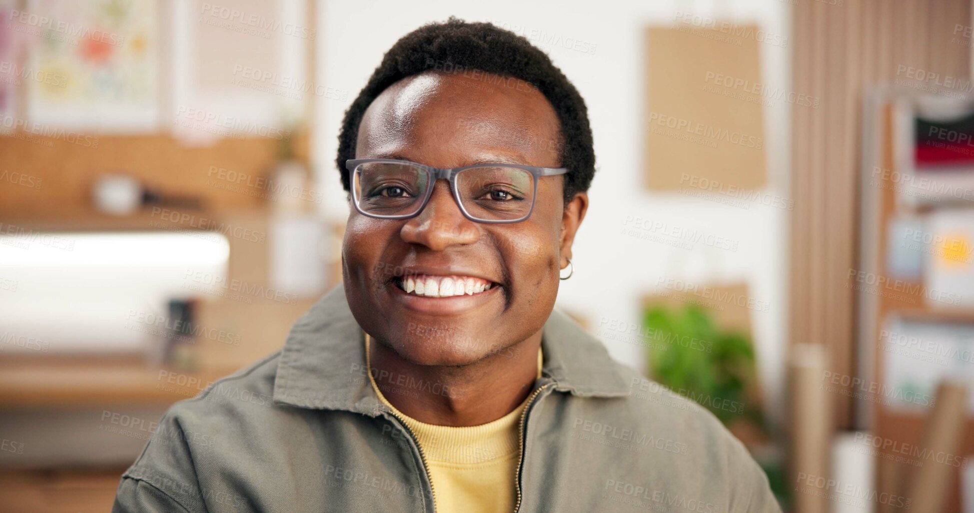 Buy stock photo Office, distribution and man with smile for supply chain, retail supplier and logistics business. Portrait, happy and African person with pride for shipping, delivery and workshop for dropshipping