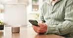 Hands, phone and old man in house with research, retirement planning and browse for life insurance. Space, senior person and connectivity in home with tech, website and mobile app for policy cover.