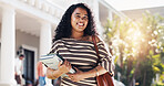 Portrait, woman and books at college campus, knowledge development or student with academic future. Outdoor, university and happy female person with textbook, growth or scholarship for education