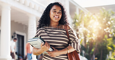 Buy stock photo Portrait, woman and books at college campus, knowledge development or student with academic future. Outdoor, university and happy female person with textbook, growth or scholarship for education