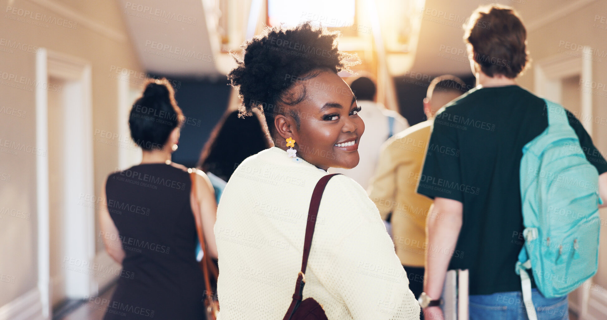 Buy stock photo Smile, woman and student at university for education, academic future or happy with knowledge growth. Portrait, college and person with positive attitude for learning, walk or scholarship development