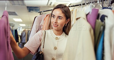 Buy stock photo Shopping, choice and woman in boutique with clothing, outfit search and decision in trendy style. Retail, happy and customer in store with apparel, garment option and selection for fashion purchase.