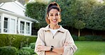 Confidence, fitness and woman with smile outdoor for wellness, health commitment and portrait. Runner, arms crossed and happy mature person with wellbeing, pride or exercise lifestyle in backyard