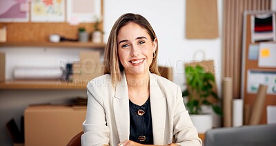 Buy stock photo Logistics, portrait or woman in office with laptop, confidence or pride as distribution analyst. Ambition, happy or stock administrator with tech, operation specialist or about us in supply chain.