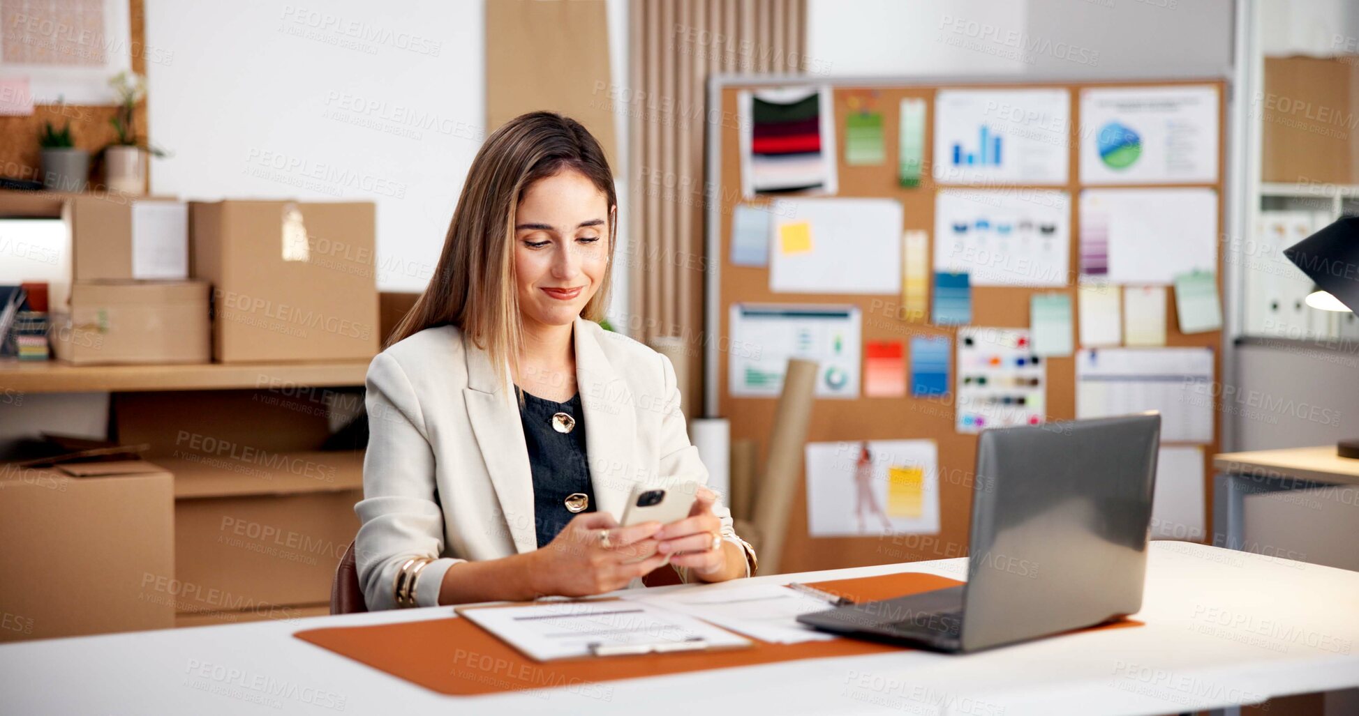 Buy stock photo Smile, woman and phone at startup for logistics, email supplier and stock availability for delivery. Happy, person and reading in office with mobile, customer reviews and update pricing for ecommerce