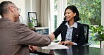 Man, office or handshake with financial advisor for business decision, budget plan or investment. Male person, client or shaking hands with accountant for deal, finance consultation or loan agreement