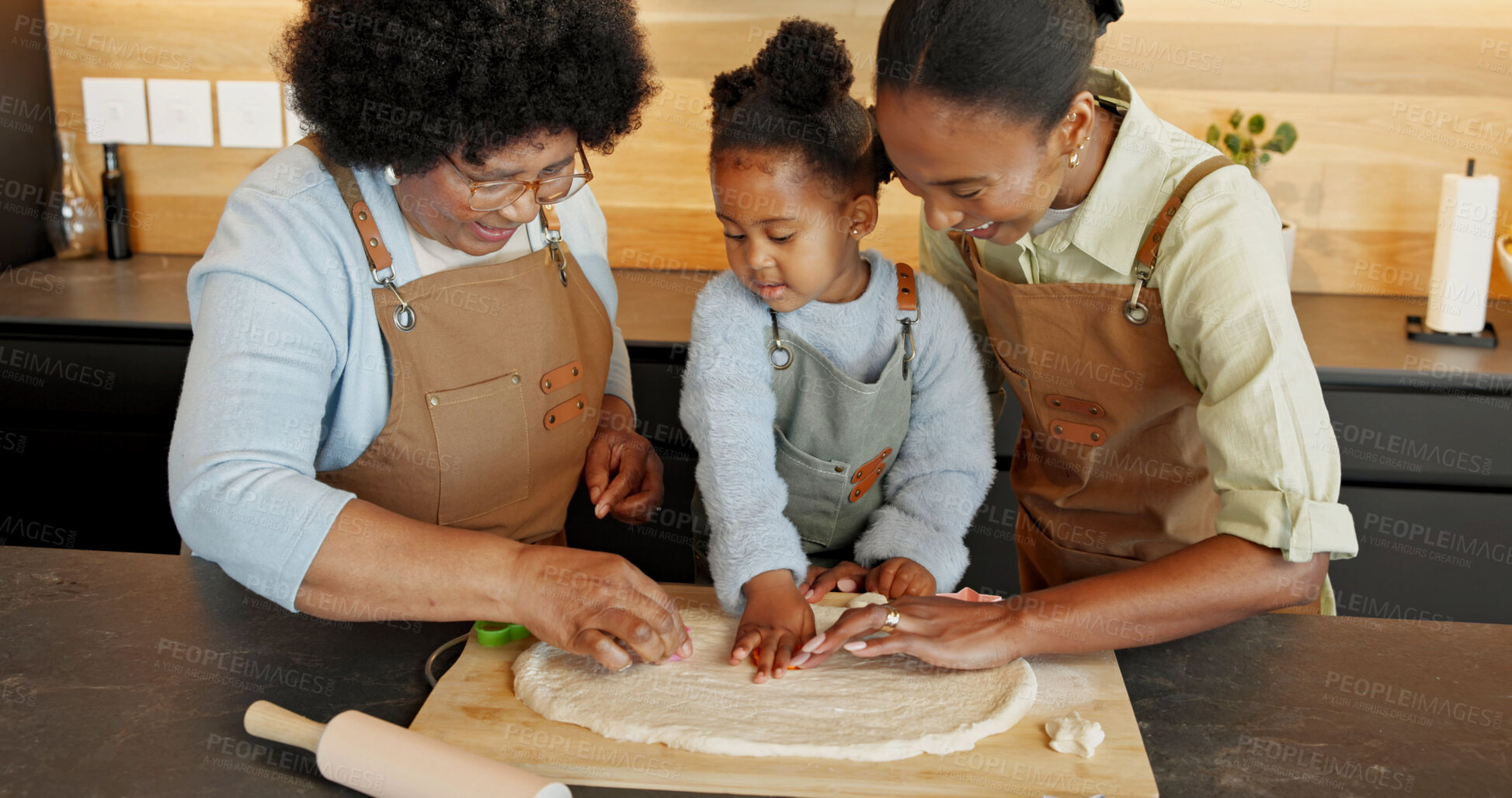 Buy stock photo Baking, dough and kid with mom, grandma and rolling pin for pizza, recipe and learning together. Happy, family and black child with mother, grandparent and help for ingredients, meal prep or bonding