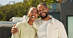 Smile, couple and support in front yard for real estate investment, mortgage purchase or home security. Portrait, black people and happy with hug for new house, relocation and marriage growth outdoor