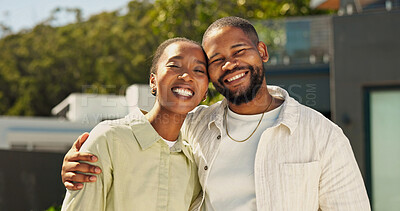 Buy stock photo Smile, couple and support in front yard for real estate investment, mortgage purchase or home security. Portrait, black people and happy with hug for new house, relocation and marriage growth outdoor