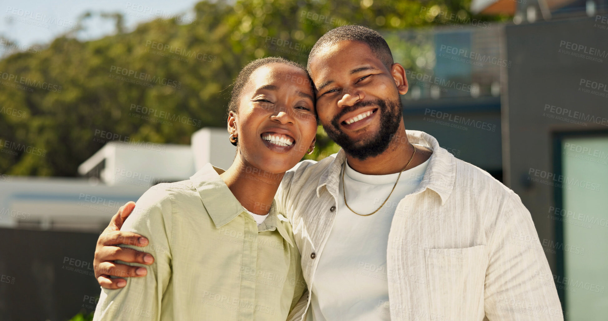Buy stock photo Smile, couple and support in front yard for real estate investment, mortgage purchase or home security. Portrait, black people and happy with hug for new house, relocation and marriage growth outdoor