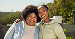 Mom, portrait and adult daughter with smile in nature for trust, love or outdoor support together. Happy woman, mother and hug with comfort, care or bonding for visit, holiday trip or vacation