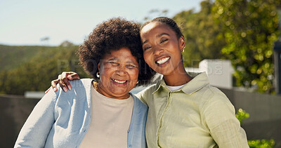 Buy stock photo Mom, portrait and adult daughter with smile in nature for trust, love or outdoor support together. Happy, black woman or mother with hug, comfort or care for bonding, holiday visit or vacation trip