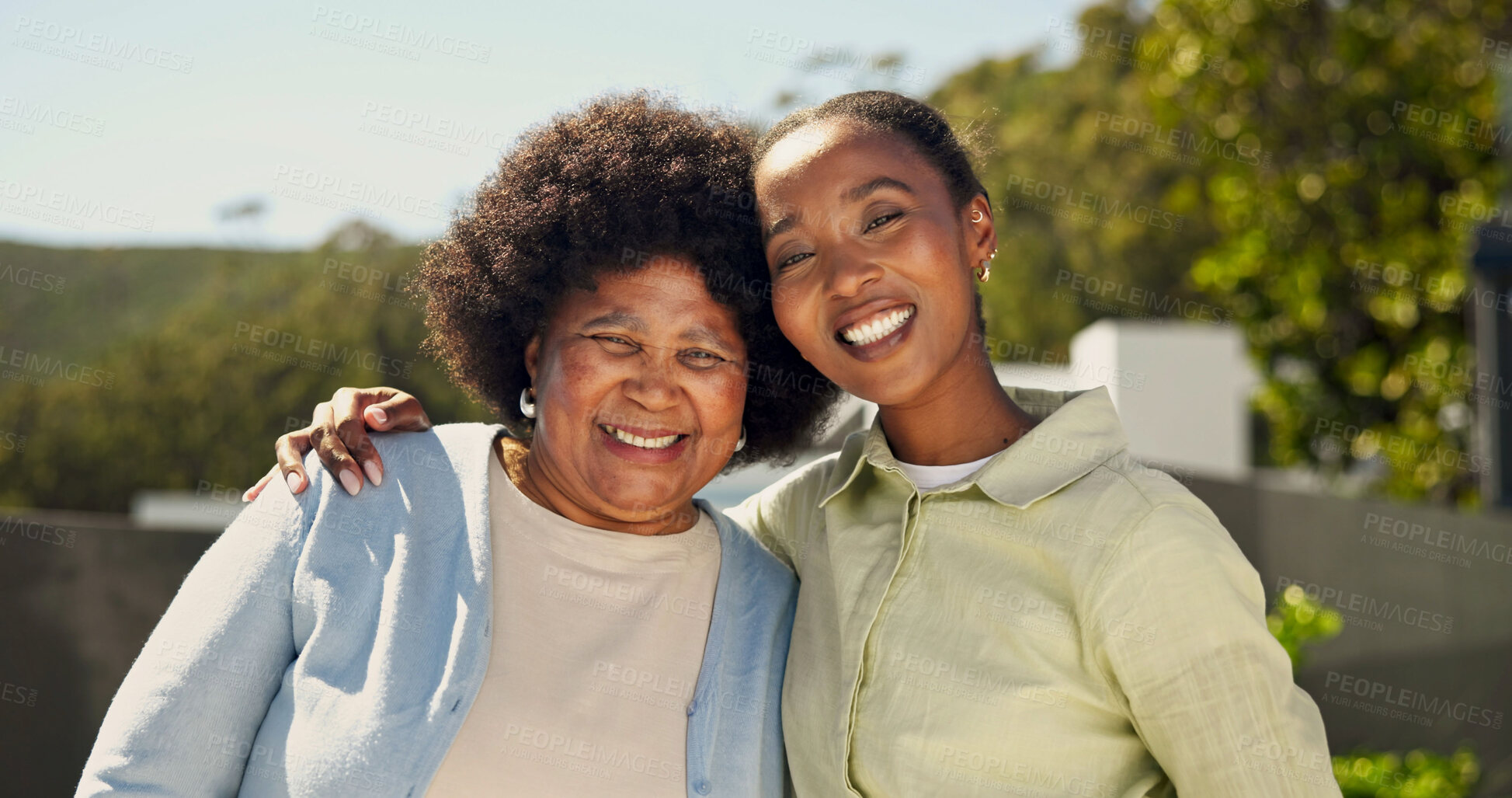 Buy stock photo Mom, portrait and adult daughter with smile in nature for trust, love or outdoor support together. Happy, black woman or mother with hug, comfort or care for bonding, holiday visit or vacation trip