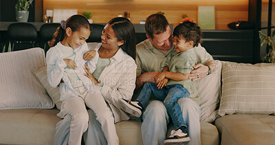 Buy stock photo Tickle, laugh and parents with children on sofa for bonding, playful relationship and connection. Happy, family and kids with mom, dad and playing for love, funny moment and relax in home on weekend