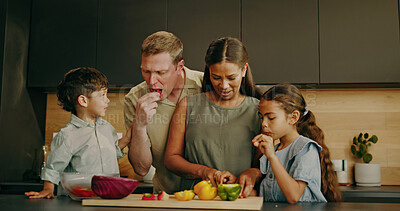 Buy stock photo Family, cooking and bonding with children, kitchen and helping mom with vegetables and learning. Teaching, recipe and happy people with kids, eating and meal prep with parents or connection in house