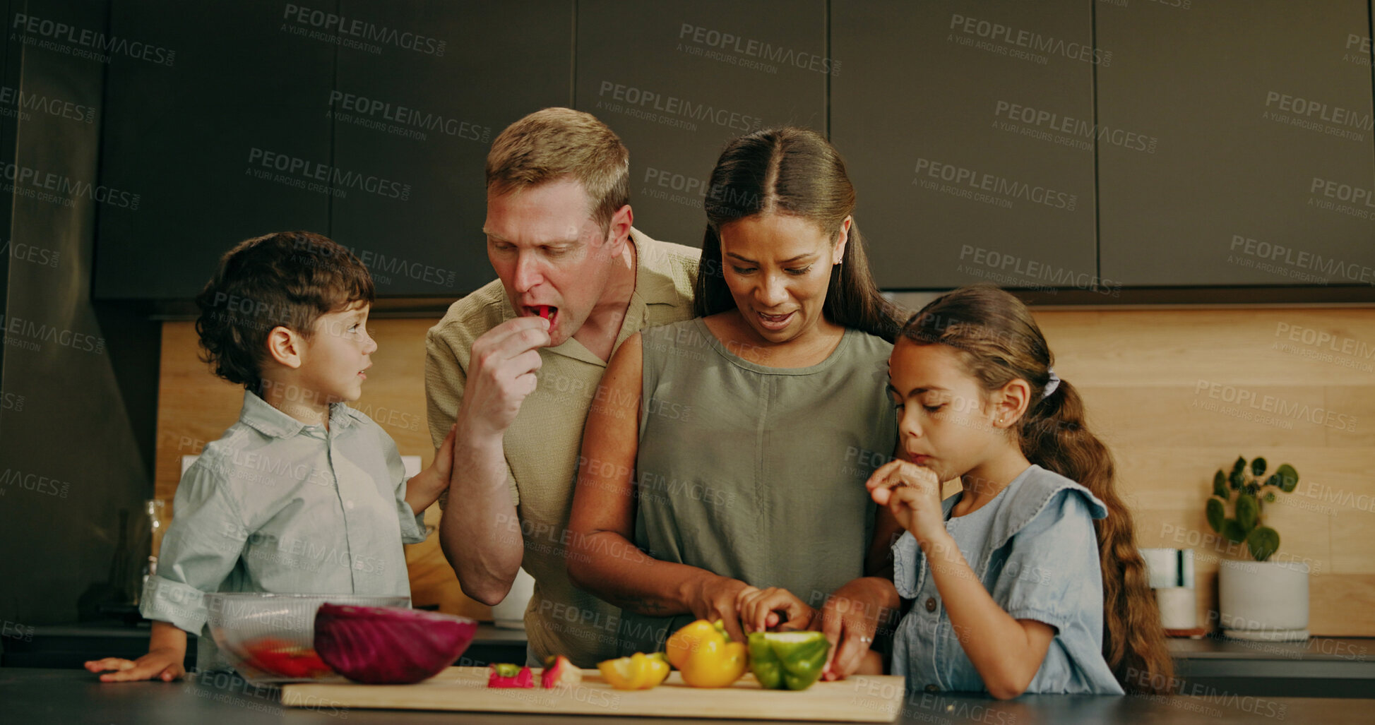 Buy stock photo Family, cooking and bonding with children, kitchen and helping mom with vegetables and learning. Teaching, recipe and happy people with kids, eating and meal prep with parents or connection in house