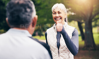 Buy stock photo Fitness, friends or old woman in park with bonding, wellness session or support in aerobic exercise. Active, happy or senior people with cardio, training connection or elderly activity in retirement.