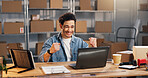 Excited, fist pump and man with laptop, logistics and review orders on online shop and achievement. Ecommerce, sales and happy person with tech, good news or celebration for success in small business