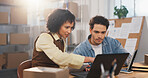 Team, laptop and logistics with people in warehouse for tracking review, reading and sku information. Collaboration, ecommerce and shipping inventory report with employees for order verification
