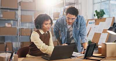 Buy stock photo Delivery, help and laptop with people in warehouse for tracking review, logistics and sku information. Collaboration, ecommerce cargo and inventory report with employees for order verification