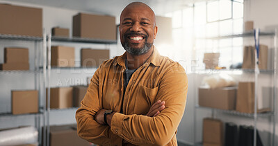 Buy stock photo Portrait, boxes and black man with pride in logistics for small business or entrepreneurship. Male person, distributor or smile with confidence or arms crossed for distribution or supply chain store