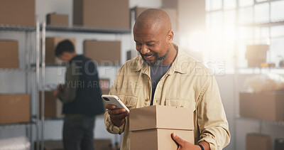 Buy stock photo Ecommerce, man and phone in office with boxes, courier order or smile for positive review on website. Happy, mature person and package with tech, supply chain and mobile app with customer feedback.