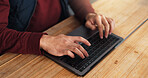 Carpentry, keyboard or hands in warehouse with laptop, order track or stock management in workshop. Above, man or artisan with tech, inventory control or delivery progress with woodworking schedule.
