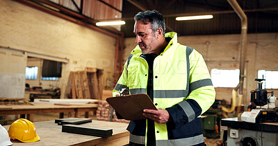 Buy stock photo Inspection, man or clipboard in workshop for carpentry safety, helmet condition or PPE review. Checklist, mature inspector and hazard assessment for impact incident, hardhat expiry date and hse audit