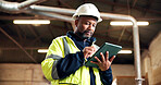 Tablet, construction and black man in warehouse for inventory, supplier update and renovation. Manufacturing, supervisor and person on tech for production report, remodeling and material order