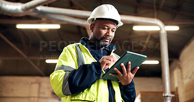 Buy stock photo Tablet, construction and black man in warehouse for inventory, supplier update and renovation. Manufacturing, supervisor and person on tech for production report, remodeling and material order