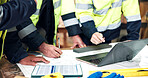 Hands, team and laptop with blueprint for construction planning, design vision and zoning permit. Architect, people and floor plan with tech screen for structural review, building layout or job specs